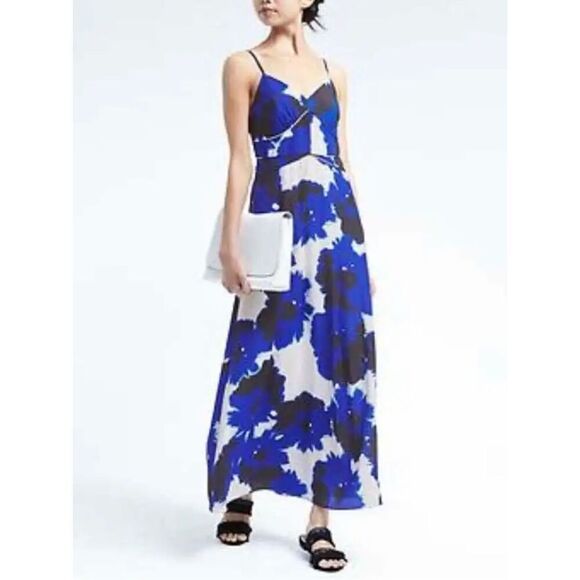 Banana Republic Dress Maxi Long Blue White Floral Spagetti Strap Size 2 Panelled - Picture 2 of 15